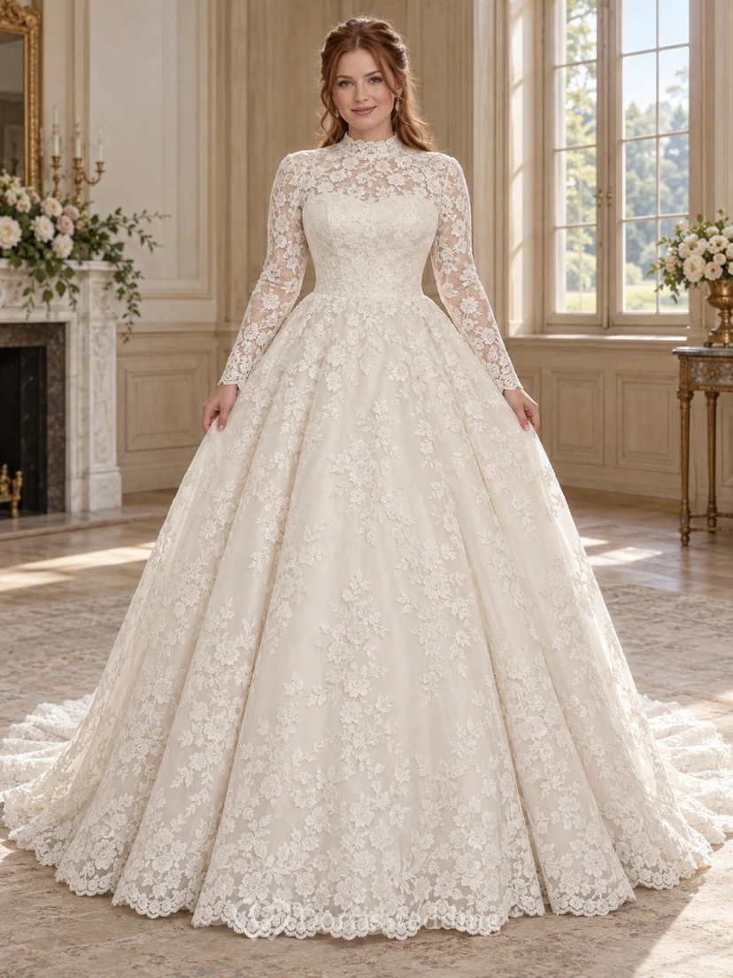 Robe de mariée de bal en dentelle florale dense à manches longues et style bateau, style modeste