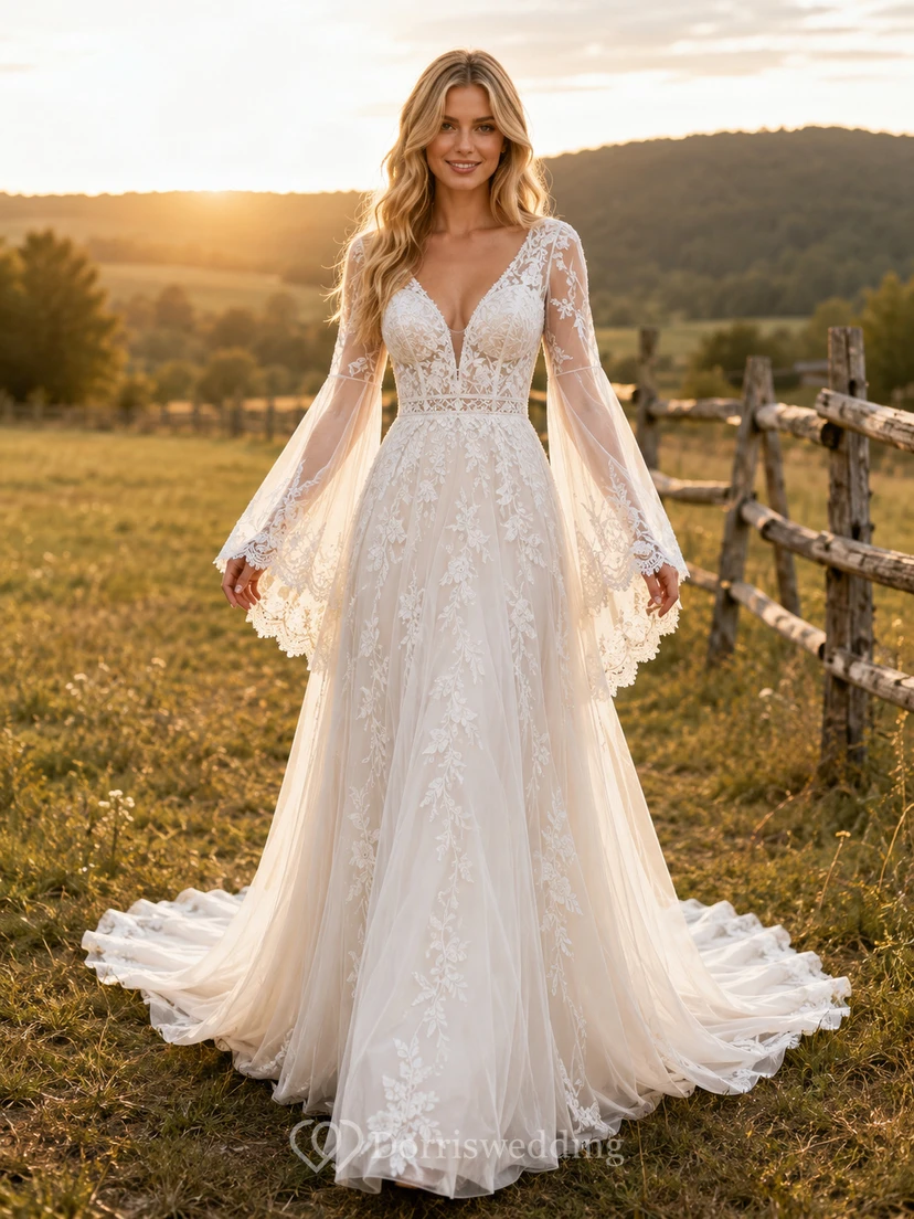 Vestido de novia de tul y encaje campestre, corte en A, hombros descubiertos, manga corta, cola de capilla, espalda baja en V.