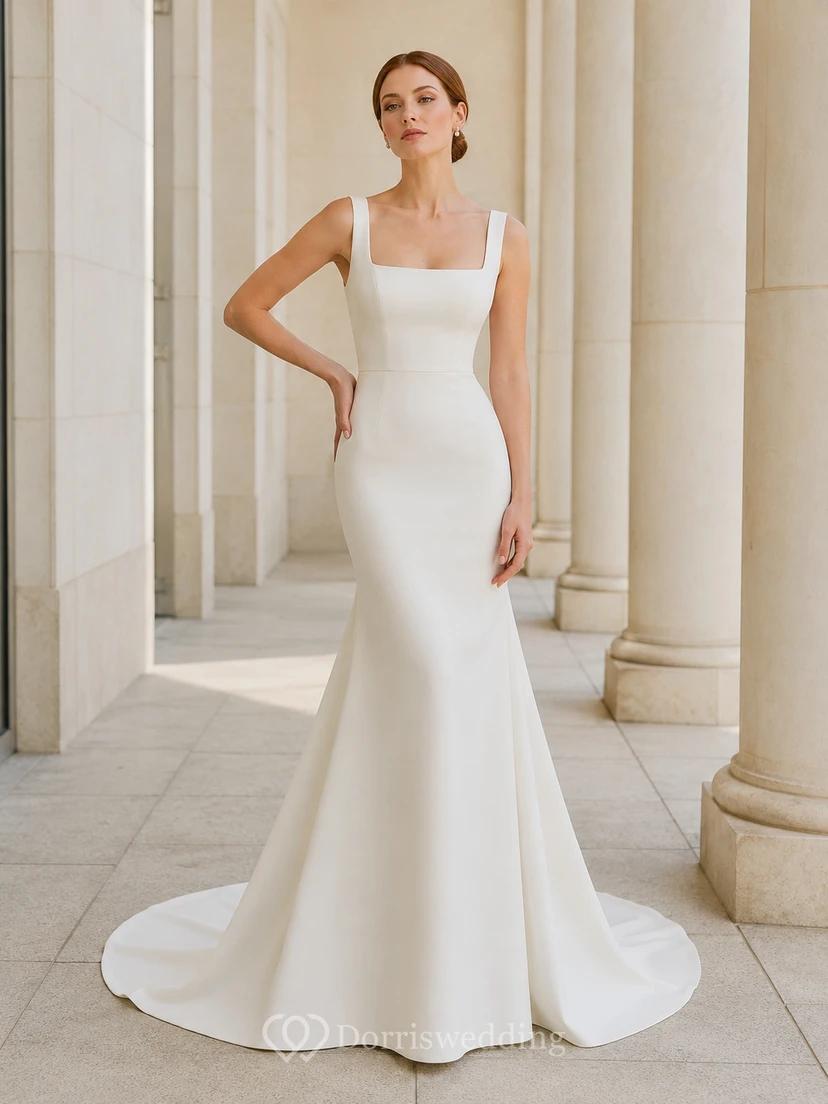 Robe de mariée civile sirène en satin, col carré, traîne courte, dos nu en V et fermeture éclair.