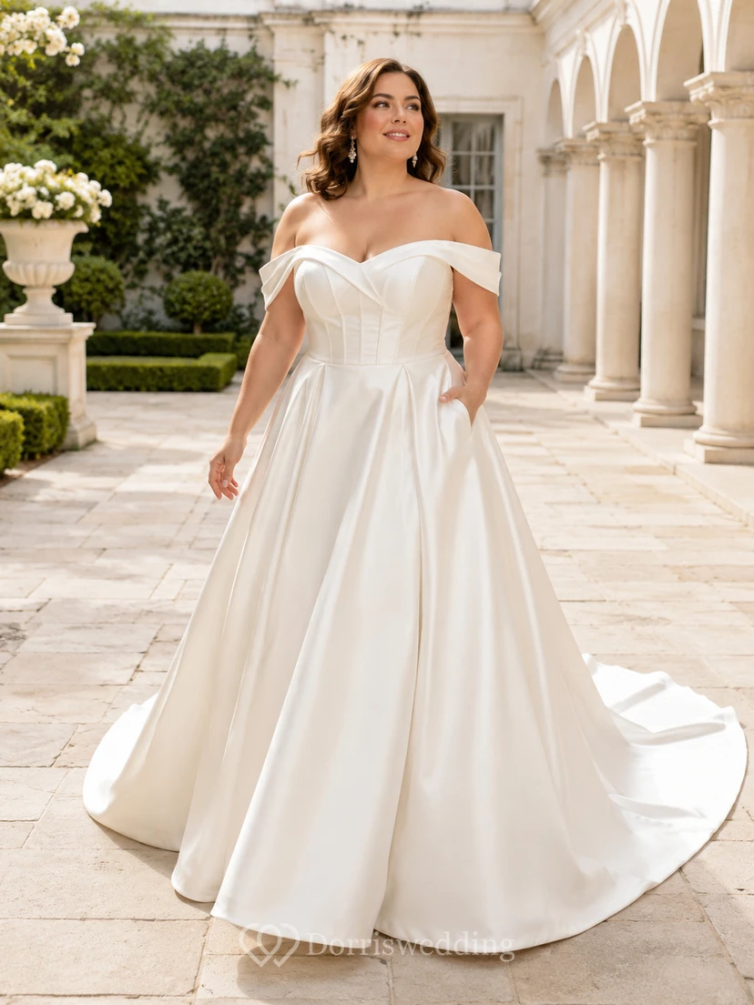 Robe de mariée grande taille en satin à épaules dénudées, manches courtes et traîne chapelle