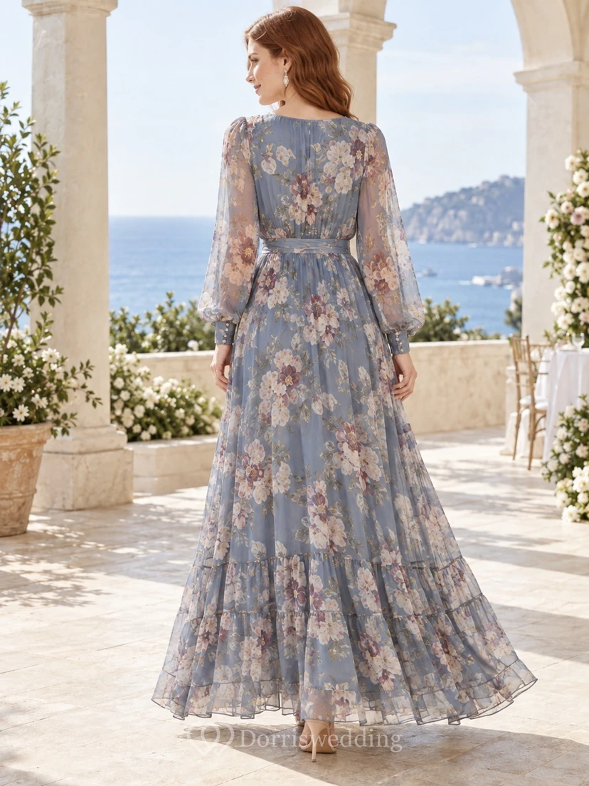 Robe longue bohème en mousseline bleu ardoise à manches longues et col en V à imprimé floral, style bohème view 2