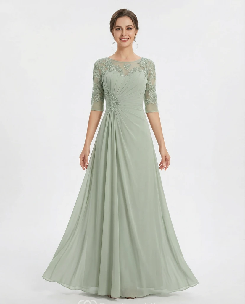 Salbeigrünes, elegantes Chiffon-Abendkleid in A-Linie mit halblangen Spitzenärmeln und plissiertem Oberteil