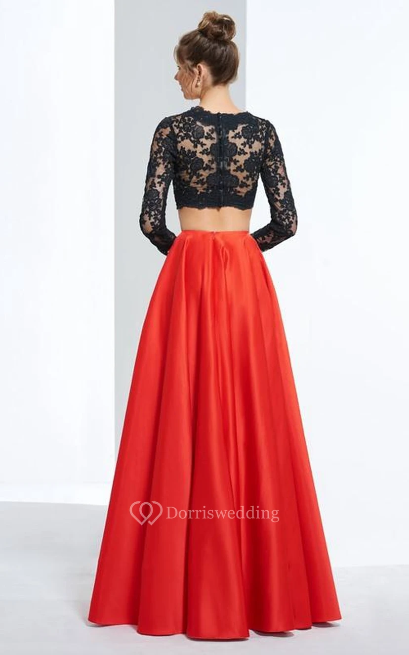 Two Pieces Long Sleeves A-Line Scalloped-Edge Floor-Length Prom Dress view 2