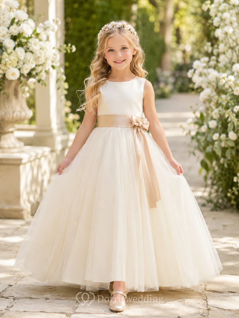 Klassisches A-Linien-Kleid aus Tüllspitze für Blumenmädchen mit kurzen Ärmeln, Rundhalsausschnitt, wadenlangem Rock und Schleifendetail.
