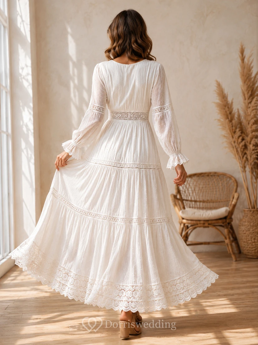Vestido de novia bohemio de gasa y encaje, estilo vintage, con volantes, corte en A, largo hasta los tobillos, escote en V y manga larga. view 2