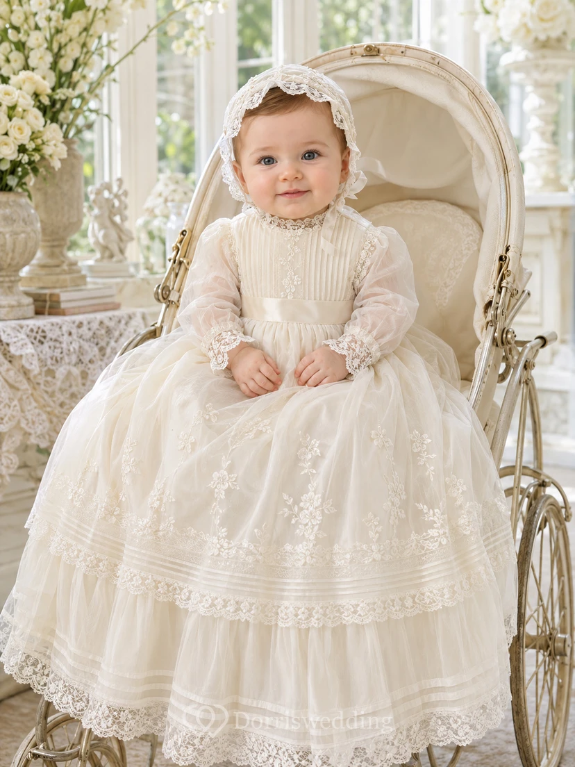 Vintage Modest Baby Baptism Christening Ceremony Dress A-Line Tea-Length High Neck Long Sleeve Tulle Lace Bow Back Ruffle Trim Button Back