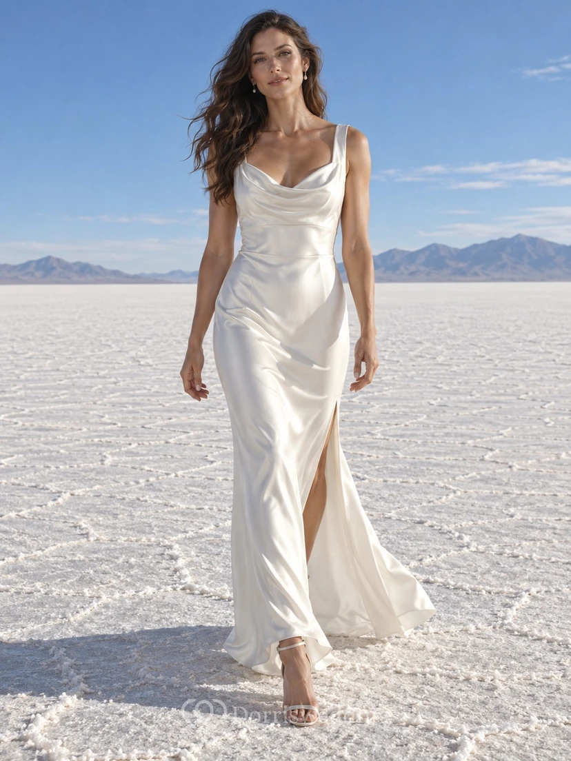 Sencillo vestido de novia vintage de charmeuse con escote drapeado, tirantes anchos y abertura.