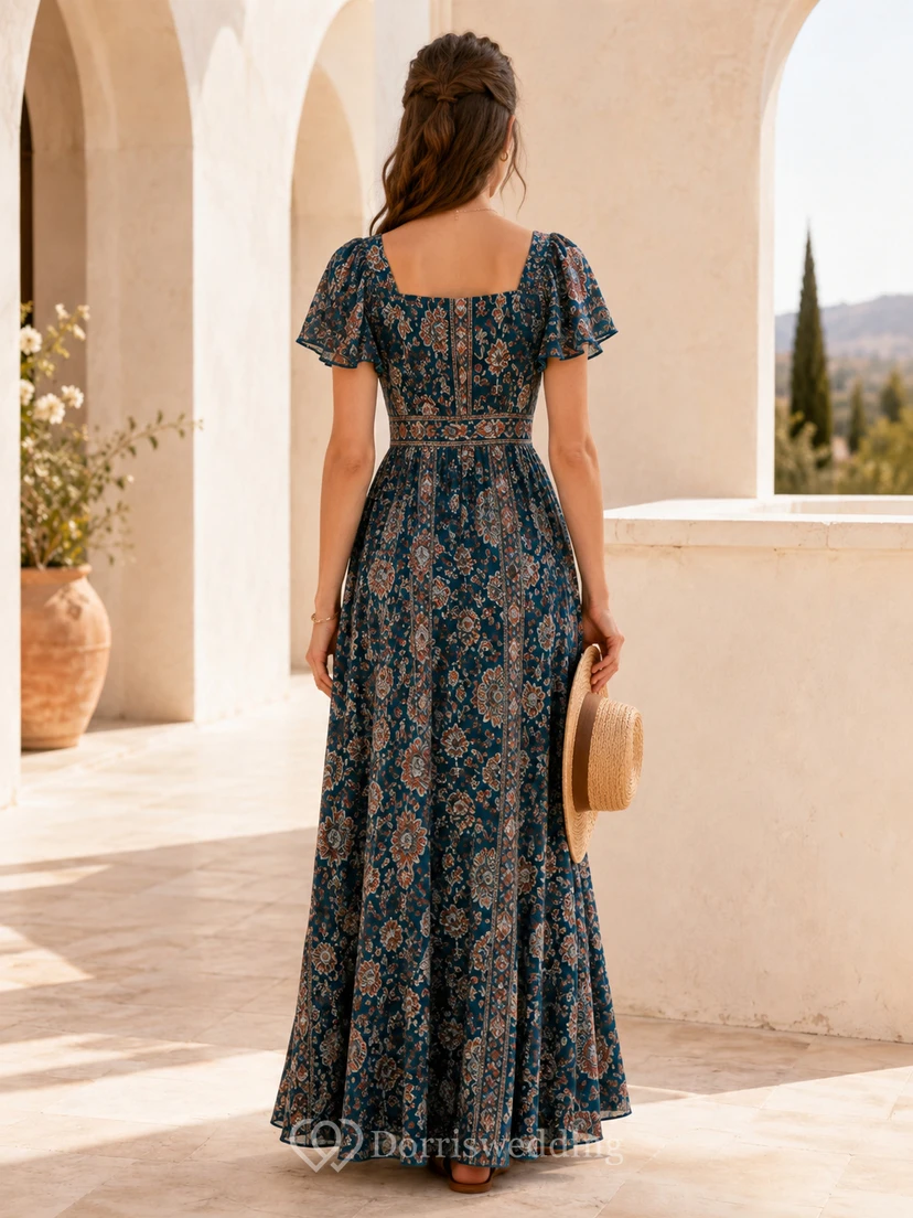 Teal Paisley Print Square Neck Flutter Sleeve Maxi Dress view 2