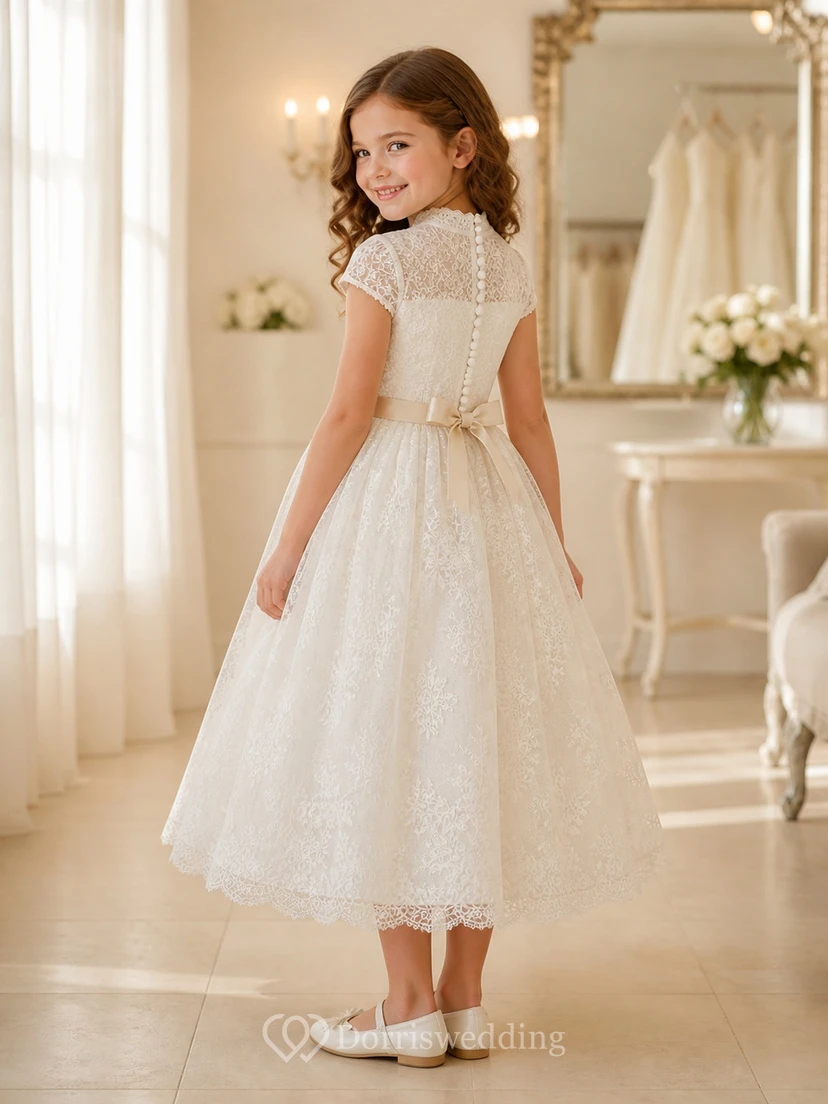 Modest Tea-length A-Line High Neck Cap Sleeve Sash Tulle Flowergirl Dress view 2