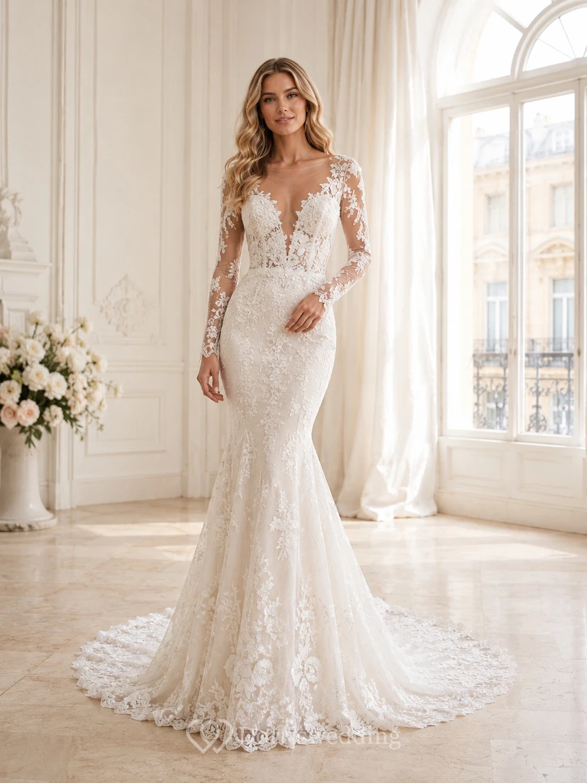 Robe de mariée sirène de luxe en dentelle florale à col en V et manches longues, avec traîne cathédrale et col cathédrale