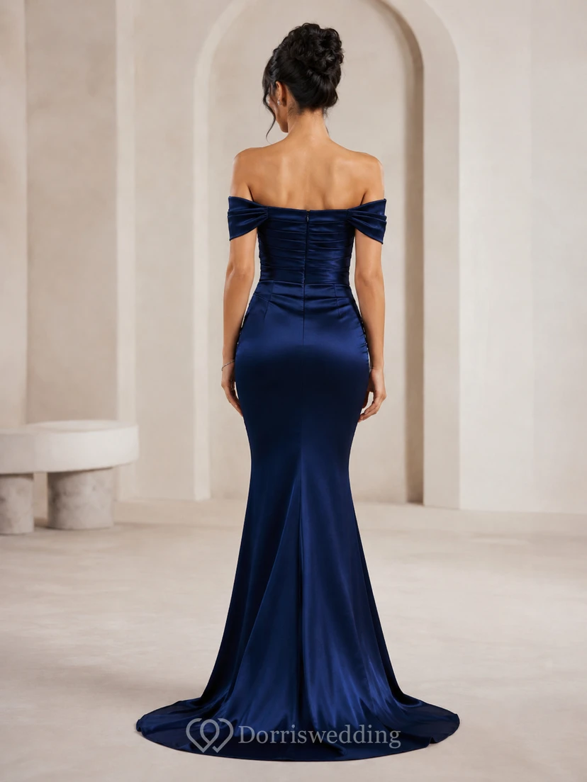Robe de soirée sirène en satin, épaules dénudées, manches courtes et drapé froncé, longueur au sol view 2