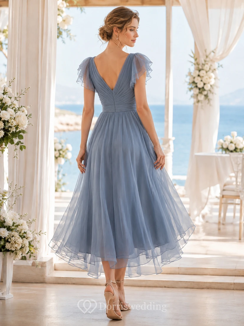 Slate Blue V Neck Flutter Layered Organza Guest Dress view 2