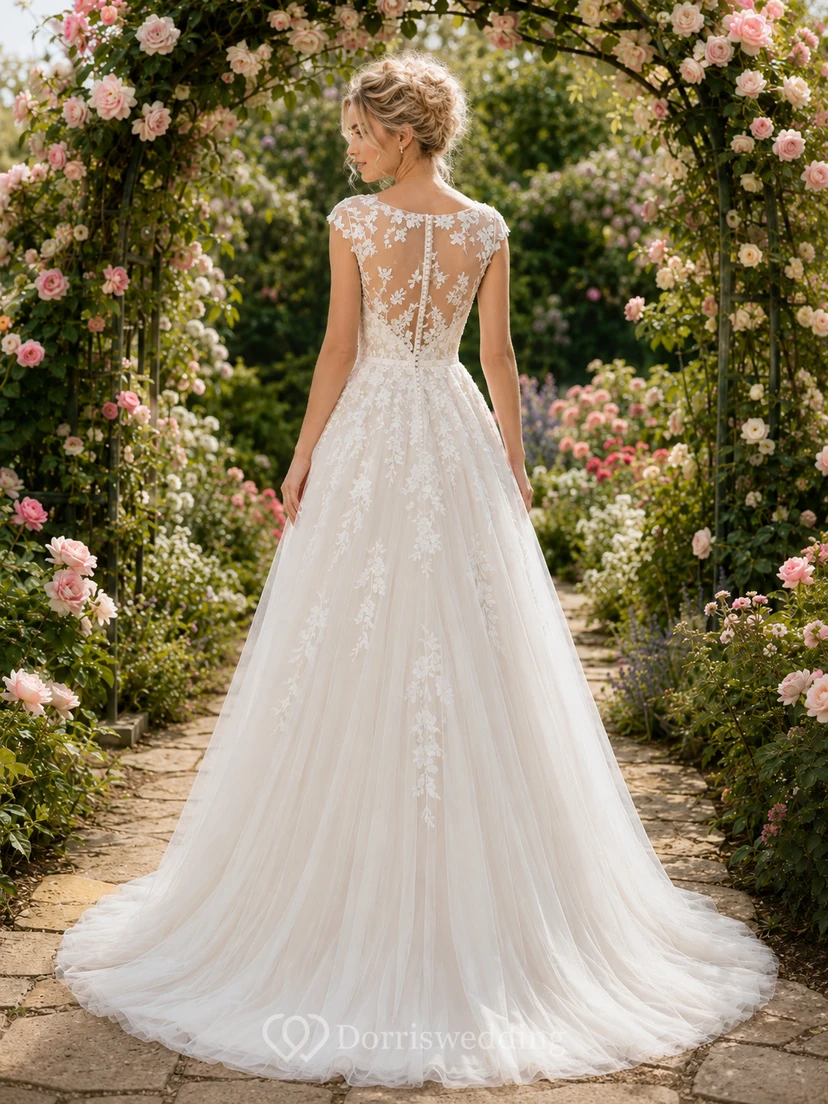 Brautkleid aus Illusion-Spitze, blühendem Garten, Tüll, A-Linie view 2