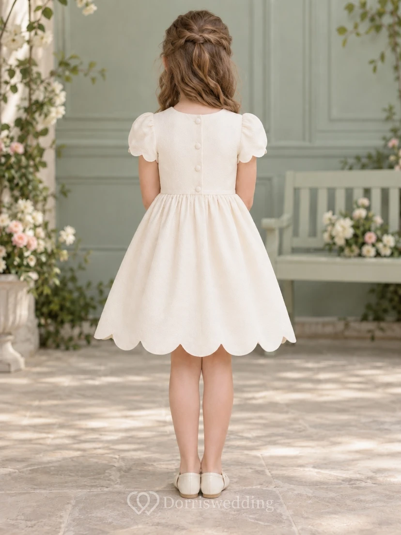 Simple Modest Cream Knee Length Gathered Puff Sleeve Scalloped Flower Girl Dress view 2