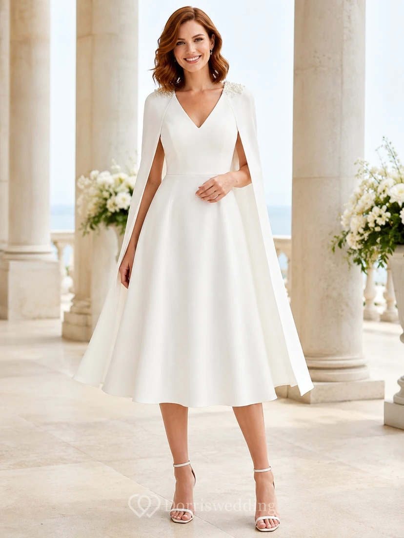 Vestido de novia de satén con escote en V, manga larga y capa, largo hasta la rodilla