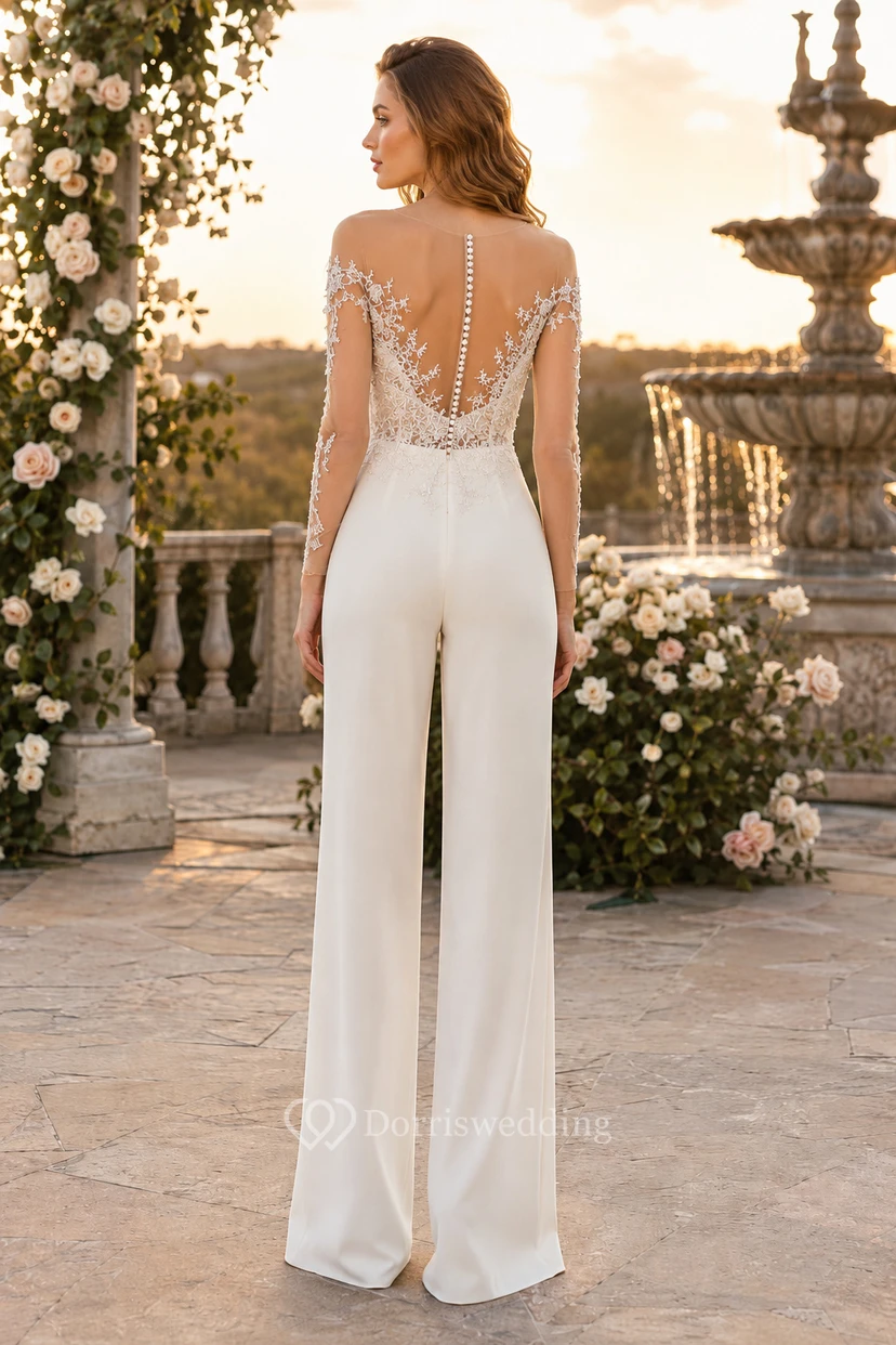 Weißer schulterfreier Brautjumpsuit mit Spitzenärmeln view 2