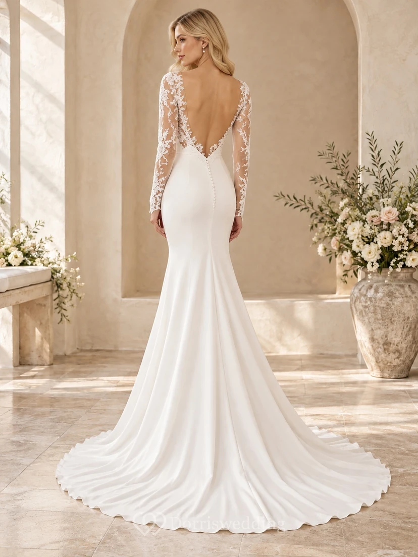 Mermaid Long Sleeve Plunge V-neck Lace Satin Wedding Dress view 2