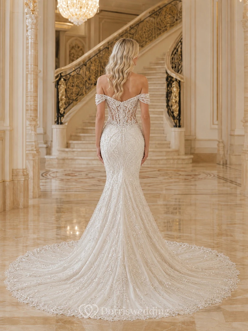 Robe de mariée sirène en dentelle florale à épaules dénudées et manches courtes view 2