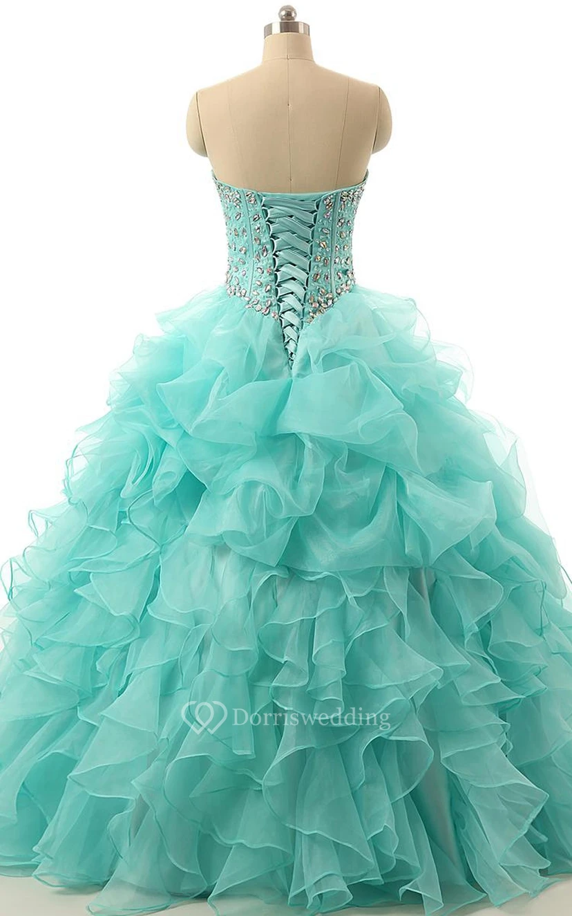 Vestido largo de gala con escote corazón, pedrería, cremallera y espalda con cordones, de organza y encaje. view 2