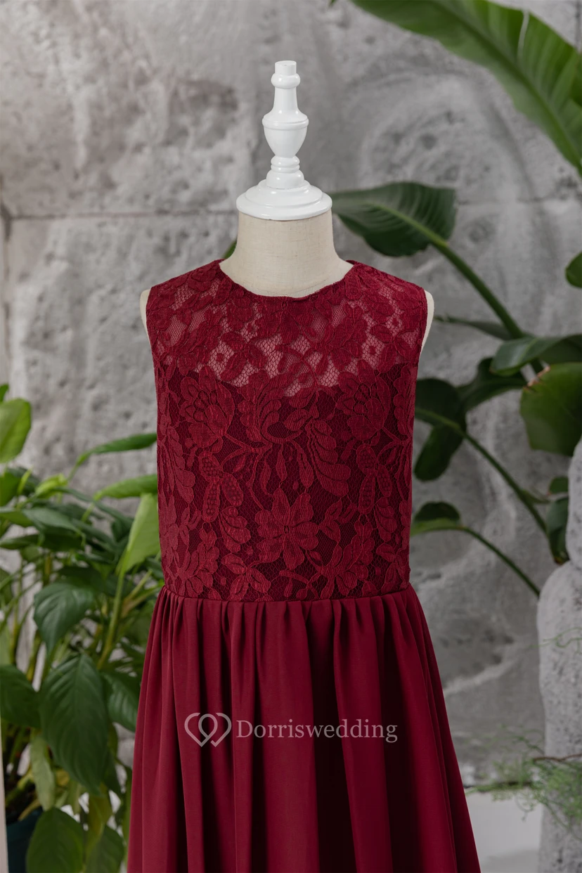 Lace Burgundy Chiffon Floor-length Sleeveless Flowergirl Dress view 3
