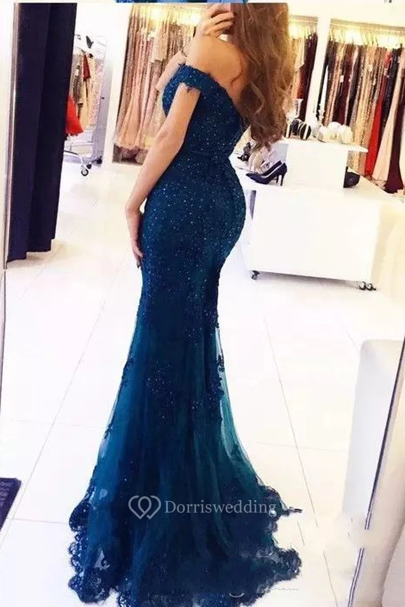 Off-the-shoulder Cap Short Sleeve Sweep/Brush Train Lace Tulle Trumpet Dress view 2