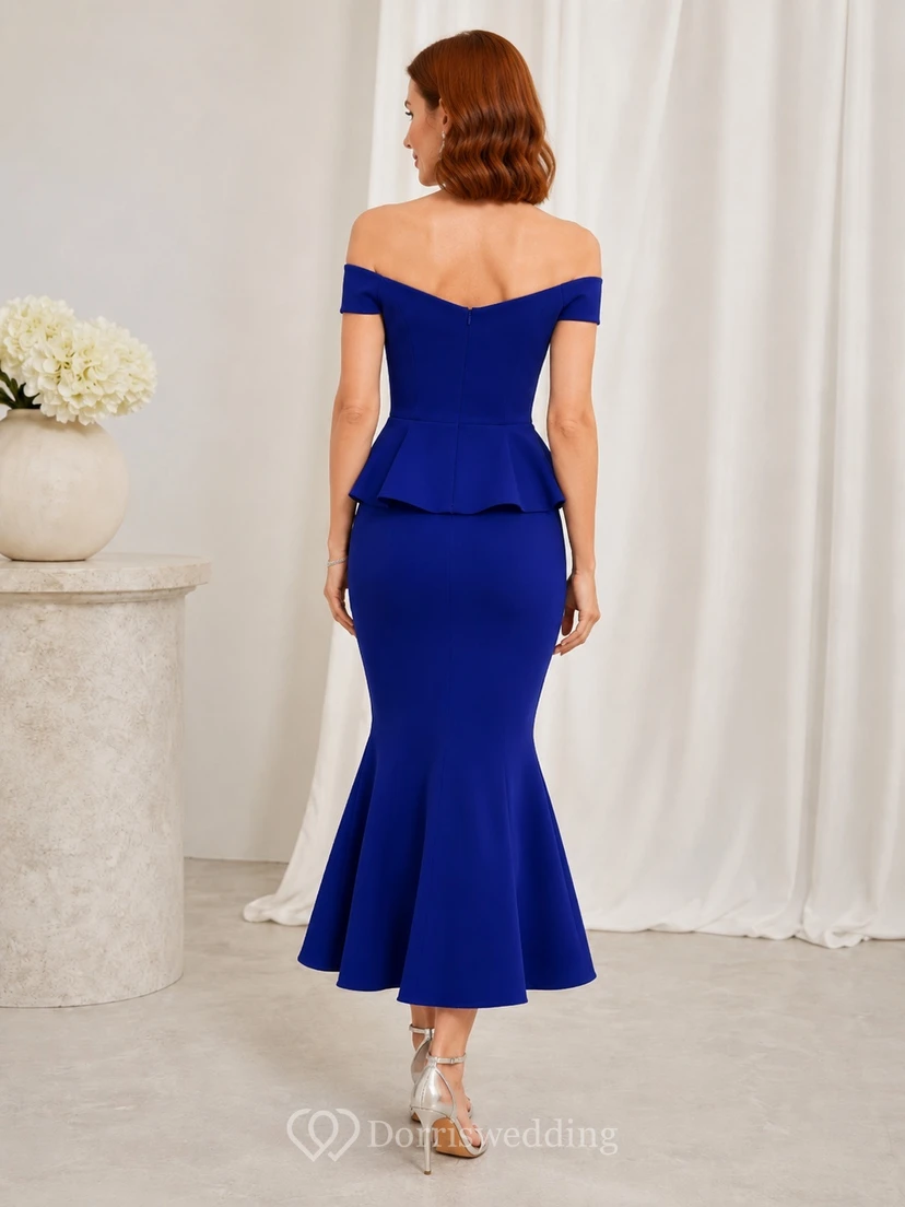 Royal Blue Off-the-shoulder Peplum Ruched Satin Mermaid Tea-length Cocktail Dress view 2