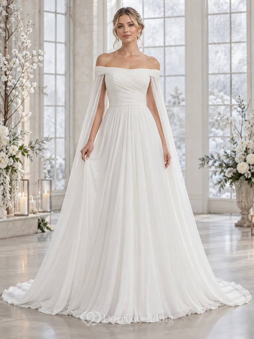 Schlichtes schulterfreies, plissiertes Chiffon-A-Linien-Hochzeitskleid mit Cape