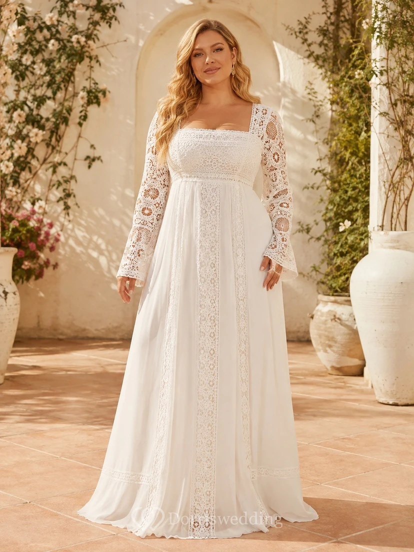 Plus Size Langarm Chiffon Empire-Brautkleid im Boho-Stil mit eckigem Ausschnitt und langen Ärmeln für eine Strandhochzeit