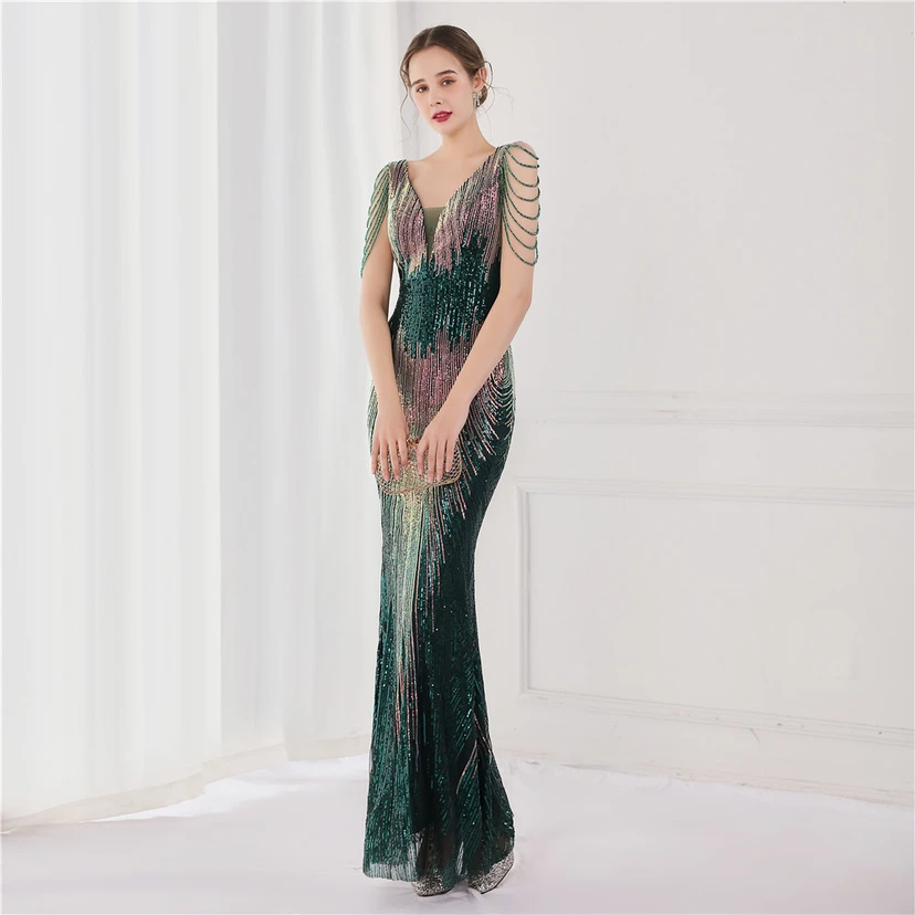 Vestido largo de lentejuelas con cola de pez, ideal para eventos, banquetes, eventos de celebridades y eventos de moda. Vestido de noche con etiqueta para modelos de automóviles. view 50