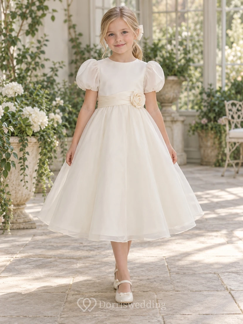 Schlichtes elfenbeinfarbenes, teelanges Organza-Blumenmädchenkleid mit abgerundeten Puffärmeln, geschwungener Schärpe und Rosettenapplikation
