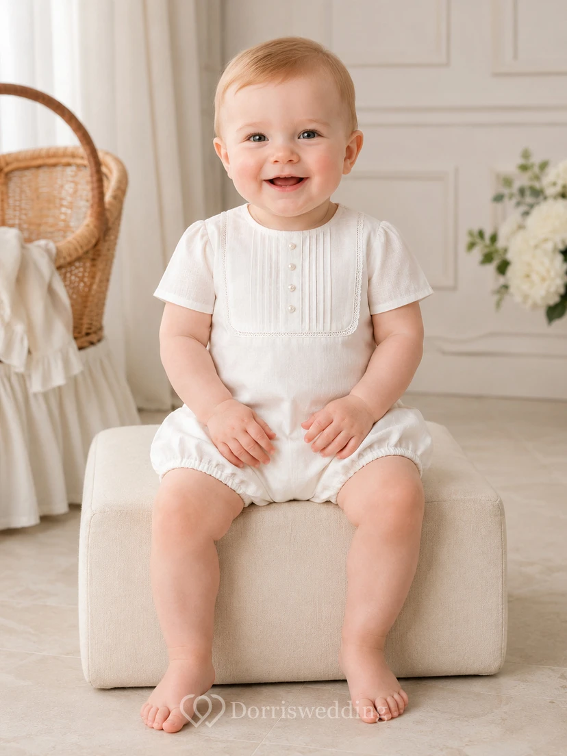 White Pintuck Bib Peter Collar Short Sleeve Infant Romper for Baby Boy