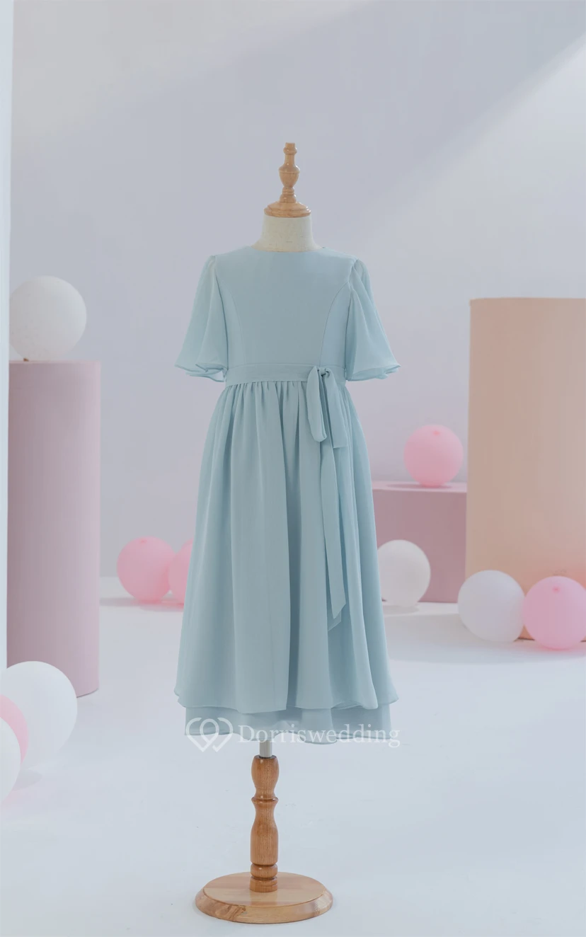 Jewel-neck Chiffon Half-sleeve Short Layered Flowergirl Dress video preview