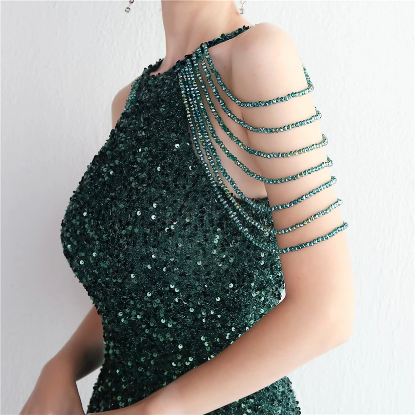 Heavy-Duty Glass Bead Craft Beaded Banquet Evening Dress Temperament Elegant Long Halter Neck Slit Sequins view 29