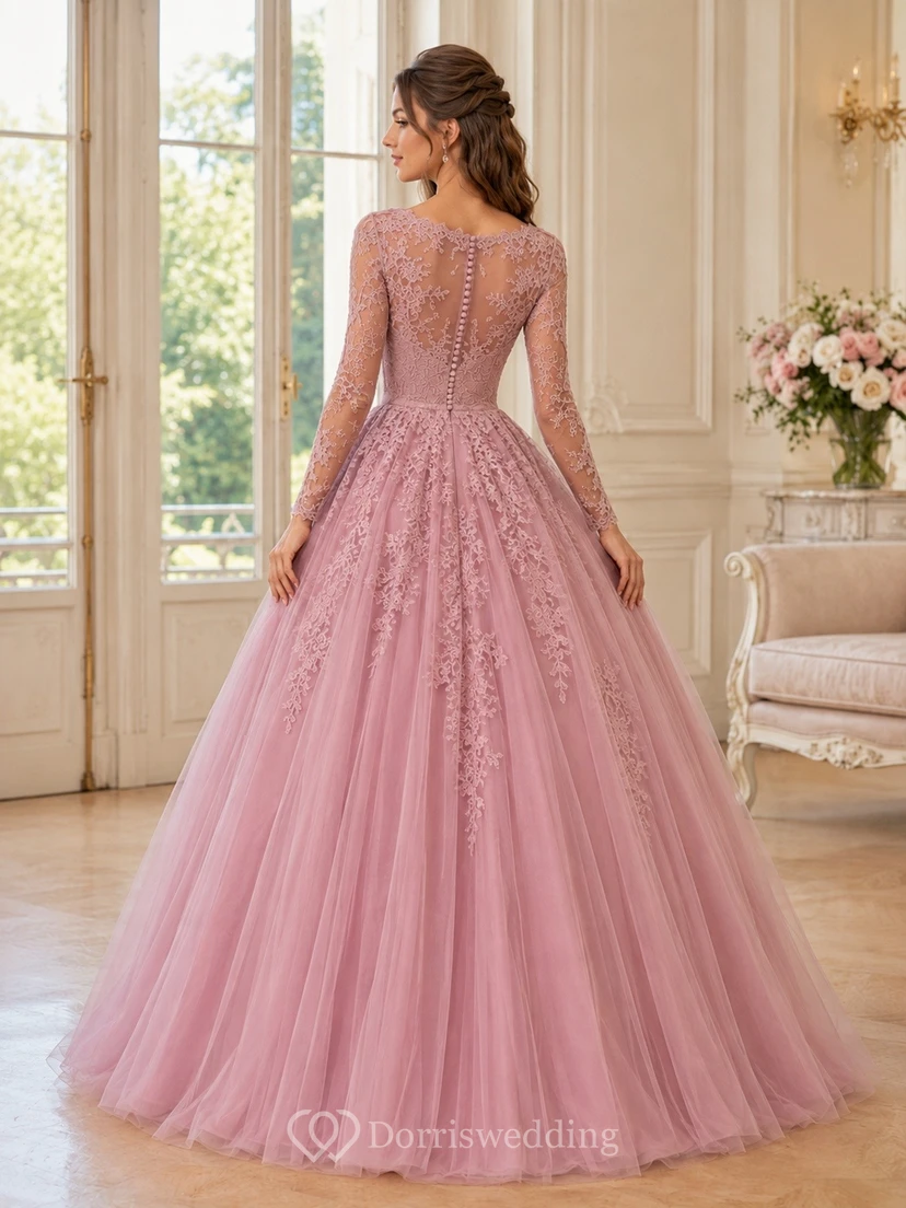 Dusty Rose Lace Long Sleeve Vintage Ball Gown view 2