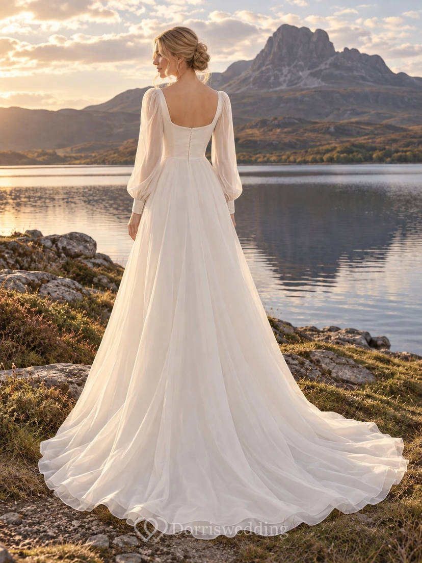 Vintage-Brautkleid aus Organza mit A-Linie, langem Ärmeln und Schmuckkragen view 2