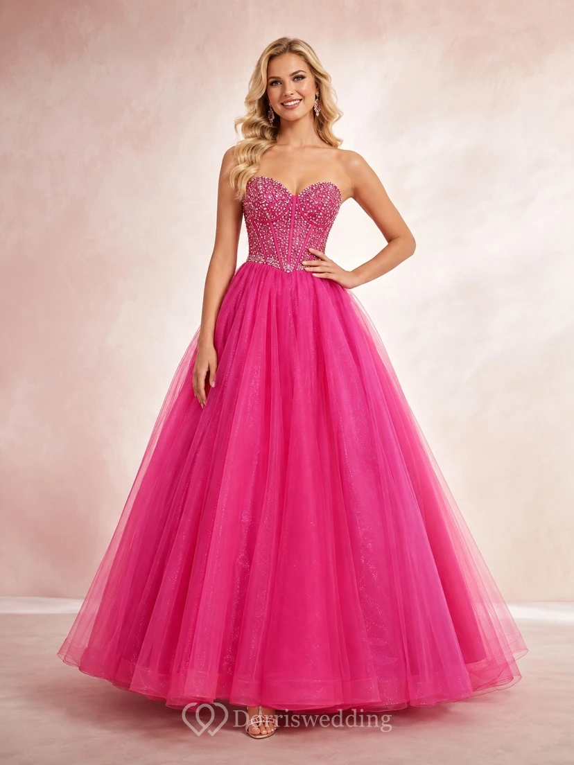 Vestido de fiesta/quinceañera de lujo en tul fucsia de un solo hombro, escote corazón y lentejuelas.