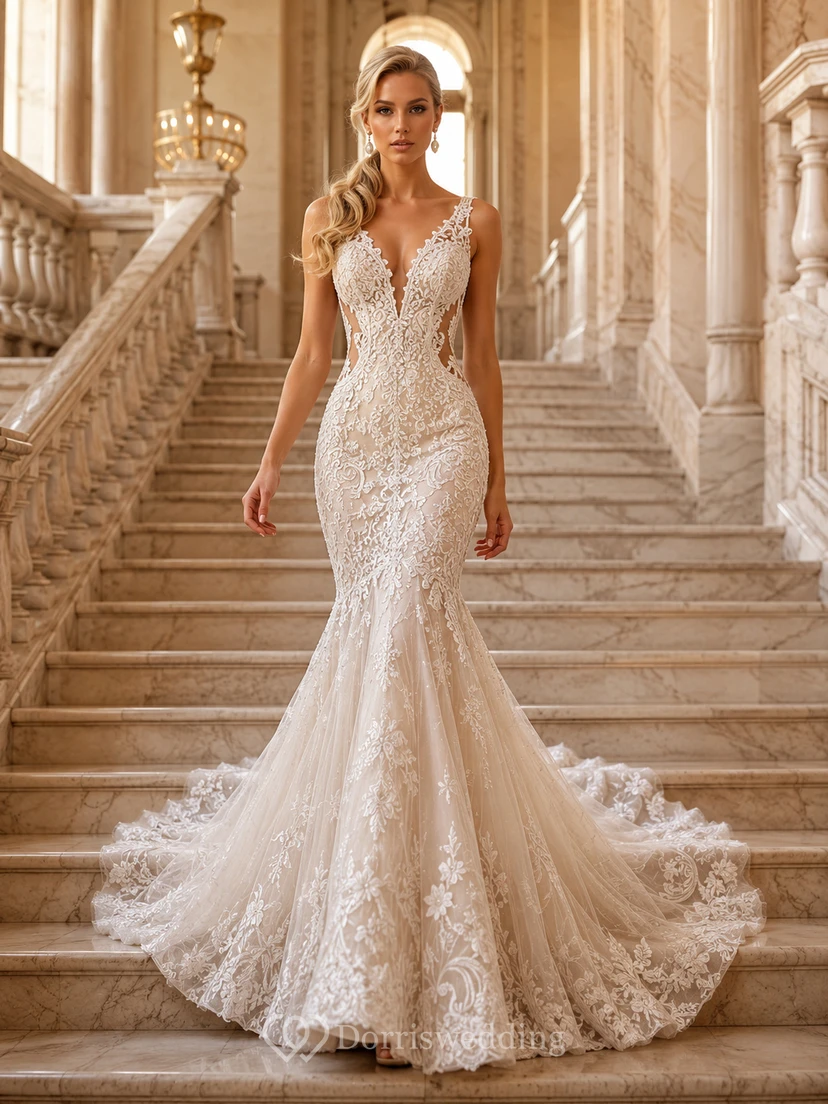 Robe de mariée sirène en dentelle florale à col en V spaghetti et traîne cathédrale de luxe