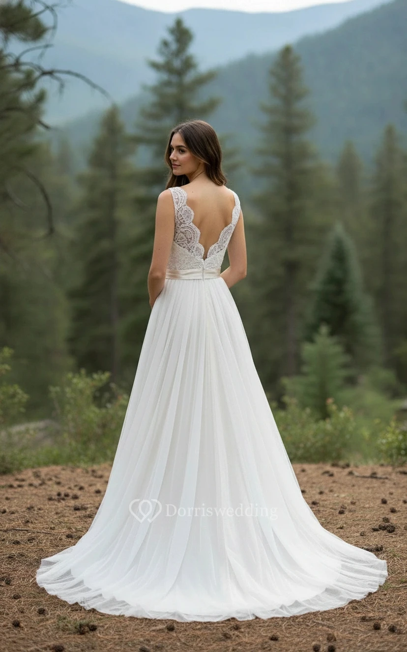 Rustic V-Neck Lace Wedding Dress - Sleeveless A-Line Tulle Bridal Gown with Satin Sash view 2