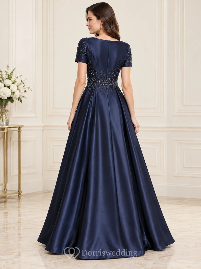 Modest Dark Navy Jewel Neck Lace Sleeve Satin Prom Dress view 2