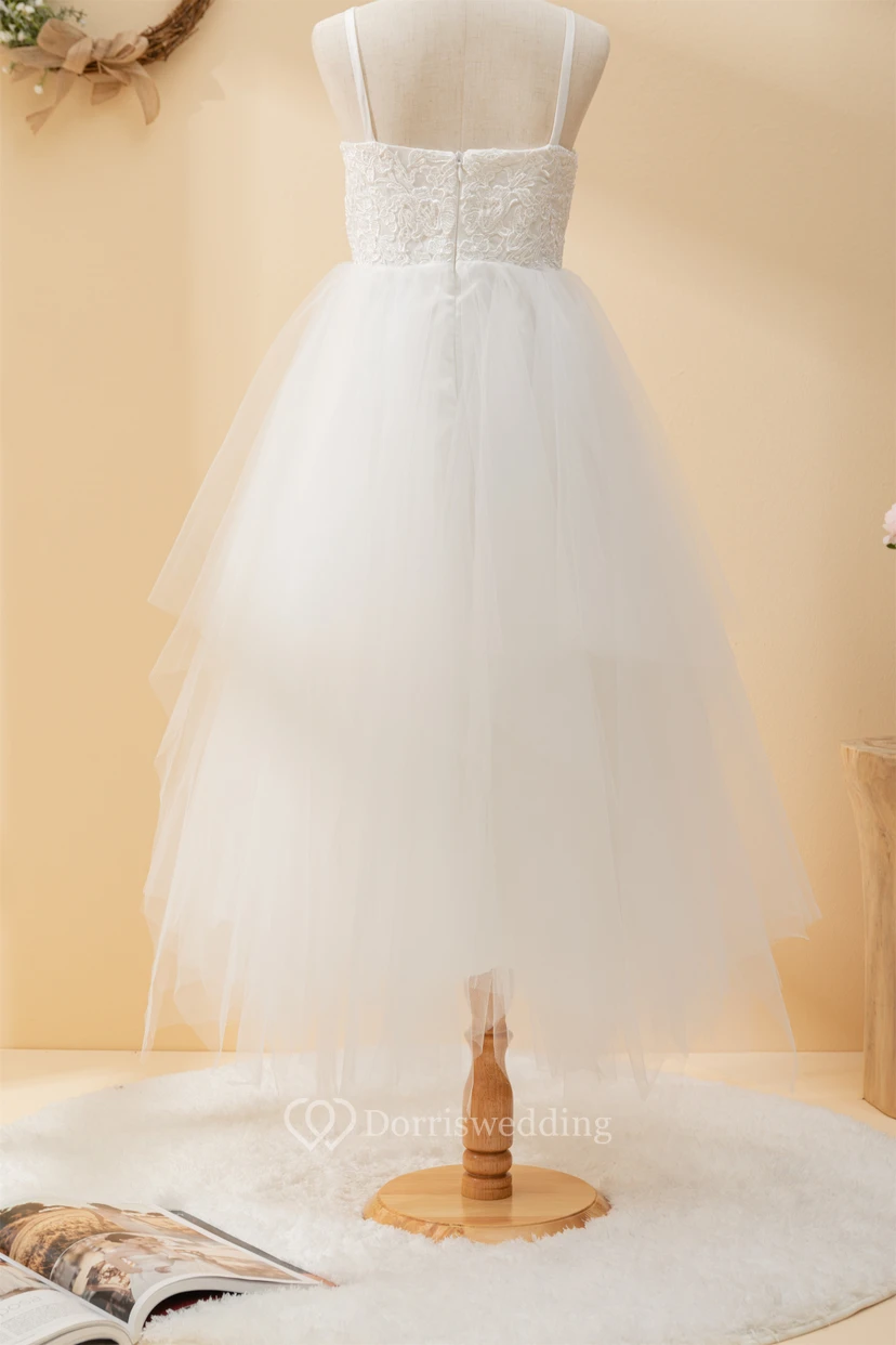 Casual Spaghetti Lace Top A-line Flowergirl Dress with Tulle Skirt view 10