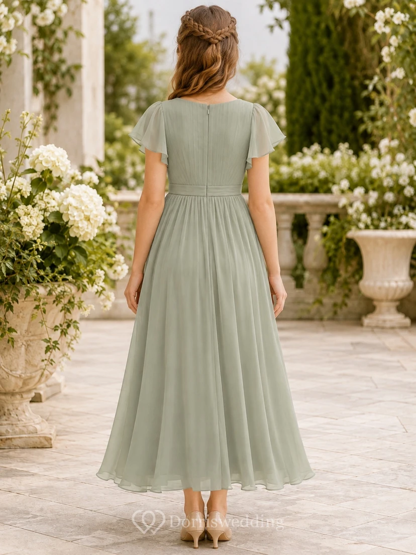 Elegantes Brautjungfernkleid in Celadon-Optik, A-Linie, V-Ausschnitt, kurze Ärmel view 2
