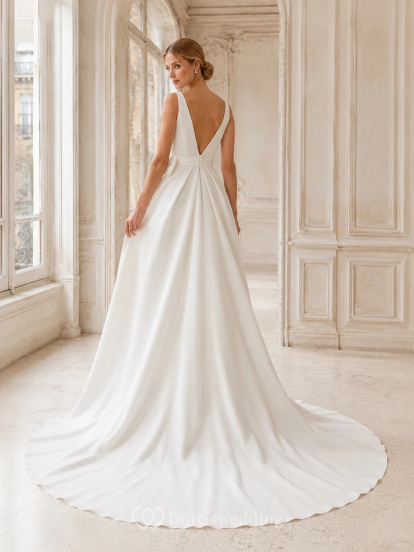 Robe de bal classique en satin, col bateau, sans manches, traîne cathédrale, drapée, style villa view 2