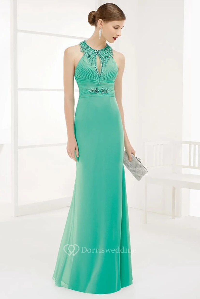 Crystal High Neck Front Keyhole Chiffon Long Prom Dress With Back Spaghetti Straps