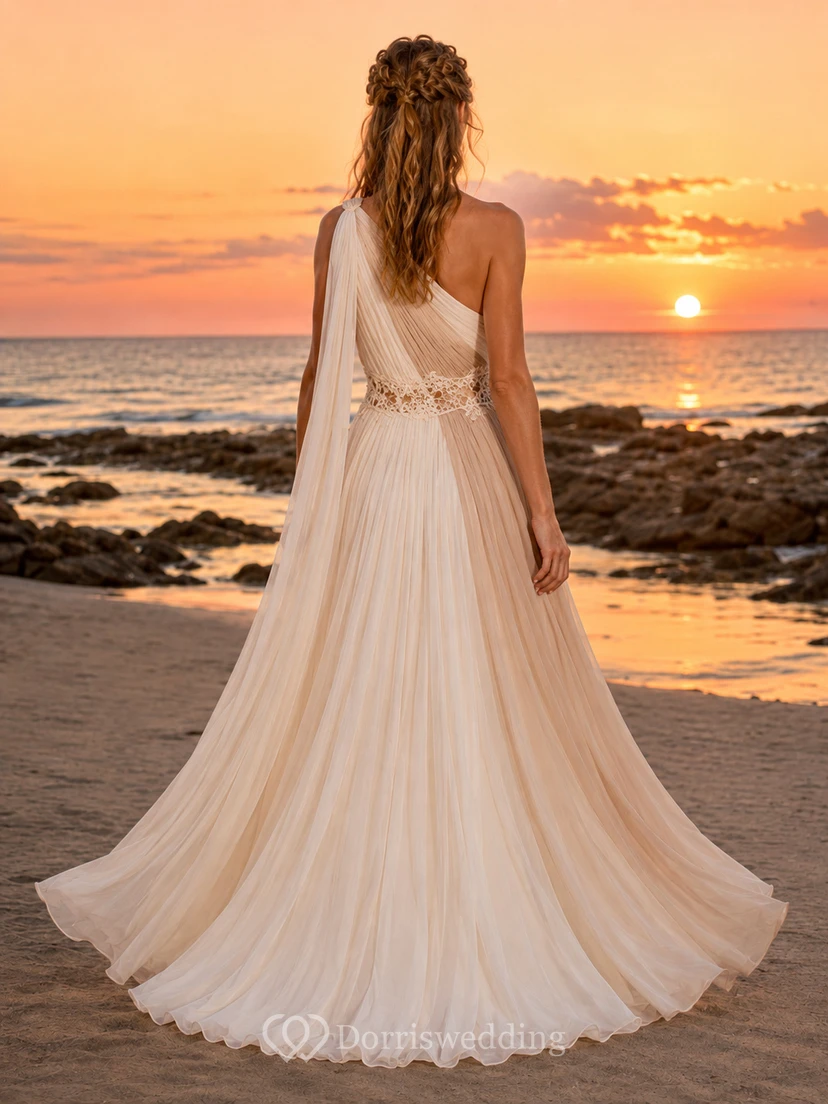 Robe de mariée asymétrique en mousseline à volants, coupe trapèze, style plage view 2