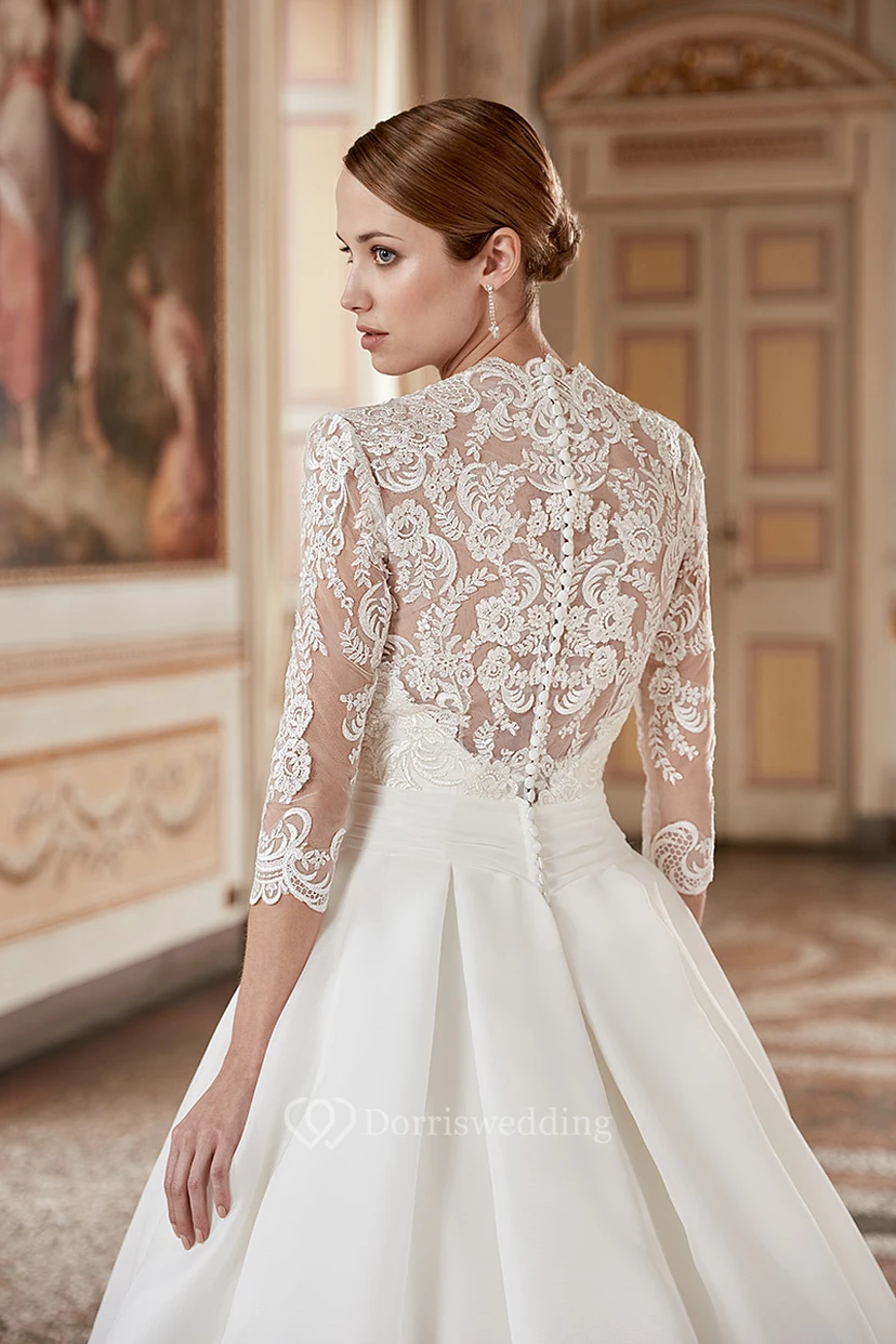 Ball Gown V-Neck 3-4-Sleeve Organza Wedding Dress With Illusion view 3