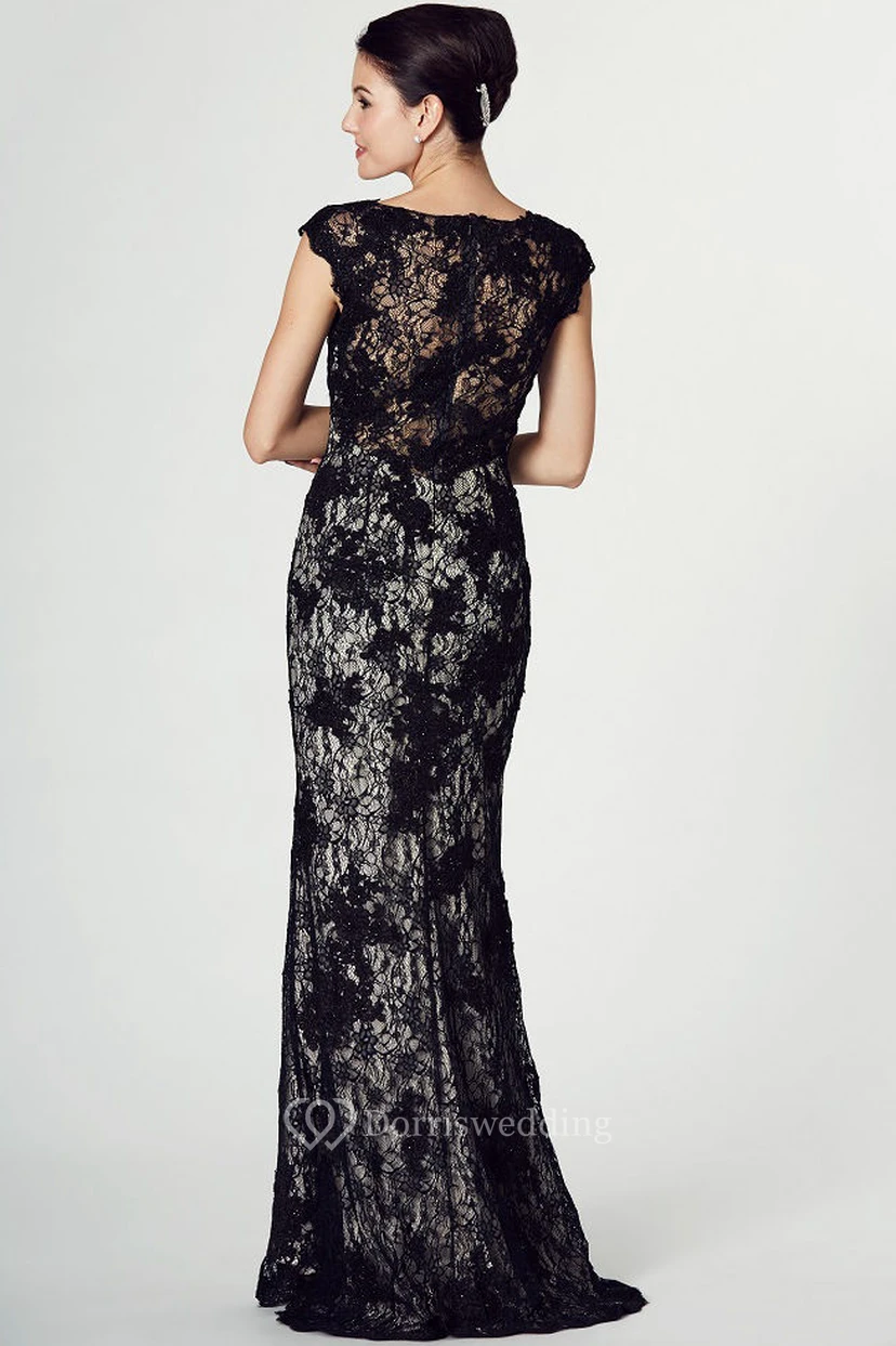 Sheath Cap-Sleeve Appliqued Maxi Scoop Lace Prom Dress With Illusion Back And Sweep Train view 2