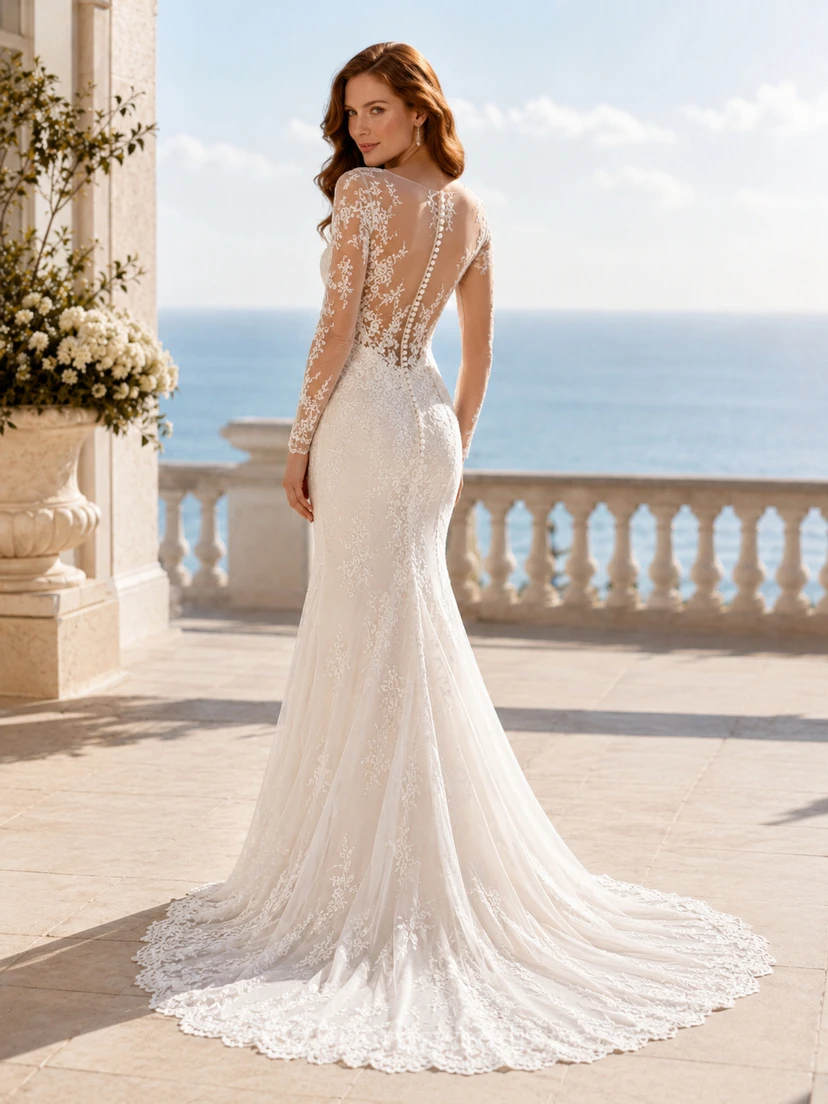 Lace Tulle Wedding Dress Mermaid Strapless Sweetheart Long Sleeve Sweep Train Bridal Gown view 2