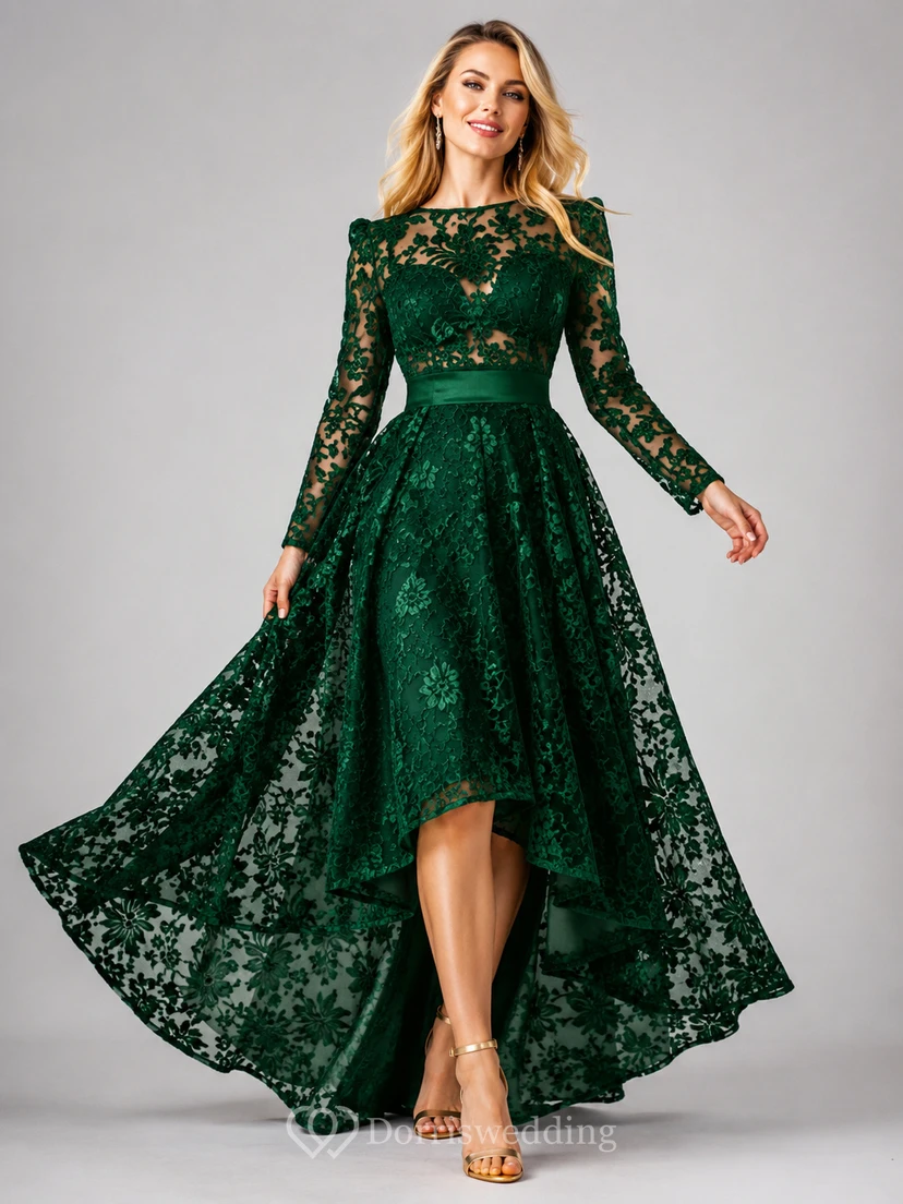 Dramatic Black Damask Lace High-Low Prom Gown view 3