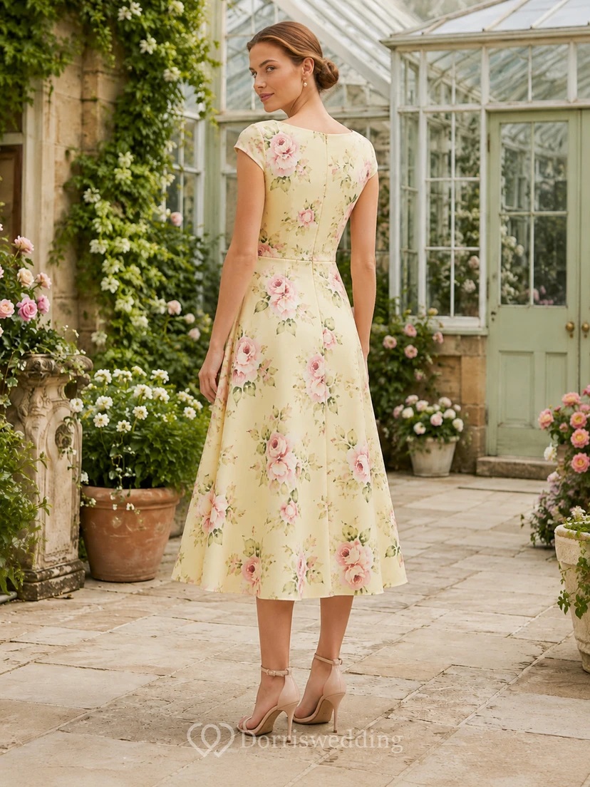 Daffodil Jewel Cap Sleeve Floral Print A Line Tea Vintage Guest Dress view 2