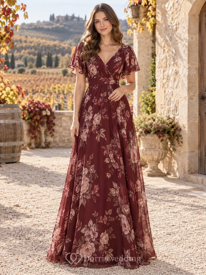 Vestido de dama de honor de gasa largo hasta el suelo con escote en V y mangas con volantes, estampado floral burdeos, ideal para otoño.